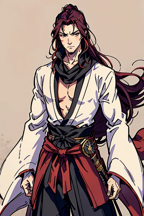 Best Quality, Masterpiece, Ultra High Resolution, musashi miyamoto, long red hair, renaissance attire, fancy clothing, nobility attire, handsome, manly, muscular, tall, covered in scars, vampire, pale white skin, fangs, vampiric, gothic, goth, standing in ...