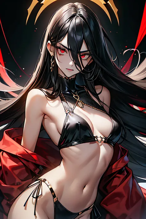 (((long strands of hair in front of face, hair strands between eyes))) (best quality, masterpiece, colorful, dynamic angle, highest detailed) (official art, extreme detailed, highest detailed) (long straight black hair, hair covering face, pale skin, dark ...