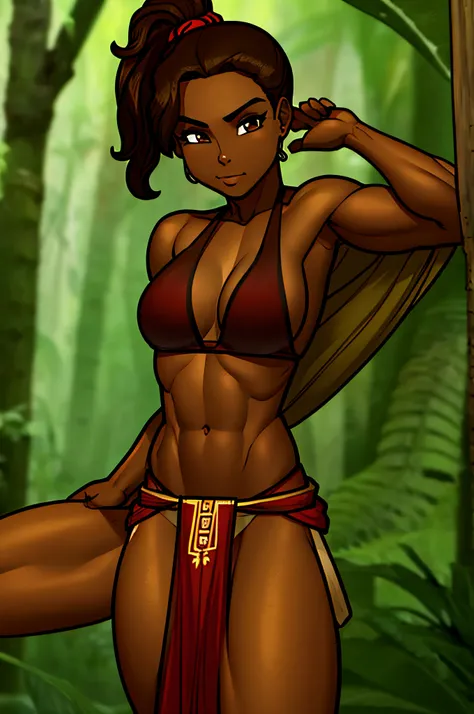 masterpiece, female, dark wavy ponytail, tan, brown eyes, red tribal loincloth,  jungle