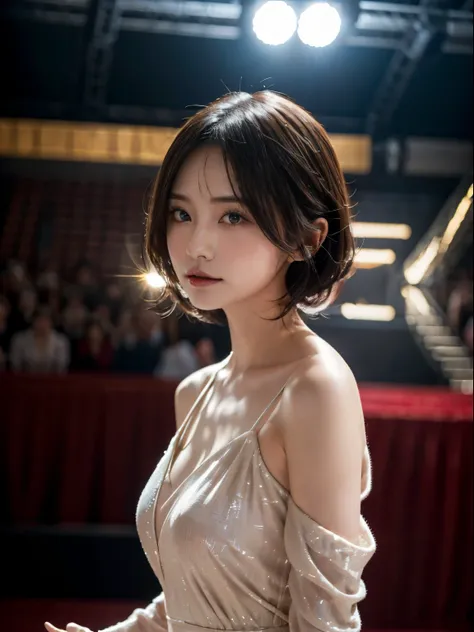 Spotlights on stage、actress in a gorgeous dress、top-quality、hyper HD、奈良美智, Japanese Models, Beautiful Japanese wife with short hair, 27-year-old female model, 4 k ], 4K], 27yo, sakimichan, sakimichan