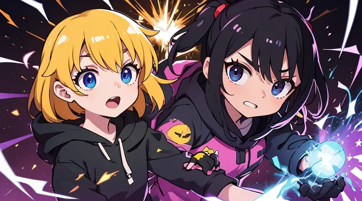 Vtuber sorprendido, hoodie negro, cabello negro con brillo morado, ojos con brillo de estrella, manos abiertas, fondo verde, efectos de manga, onomatopellas manga de explosion, war squad, risa, bullets, sparks, electric lights