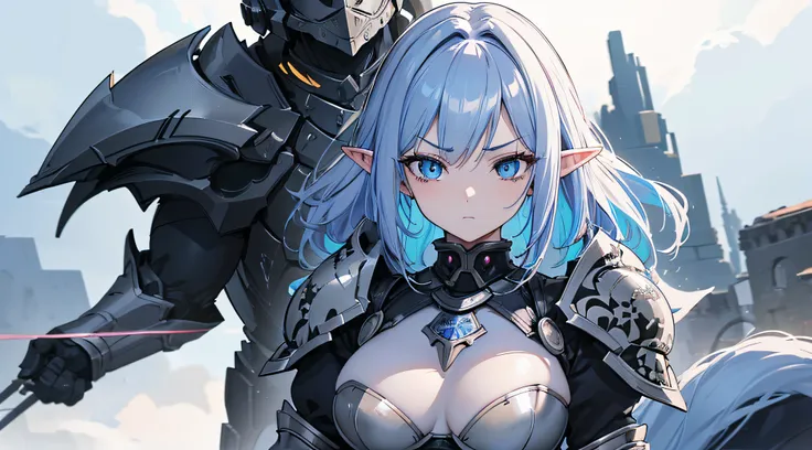 1 elf girl, standing with her full armor bodyguard, (multi colored hair hair), armored battle knight suit, breast plate, long skirt, big breast, a picture by void_0, pixiv, anime girls, angry facial expression, (beautiful detailed eyes:1.6), extremely deta...