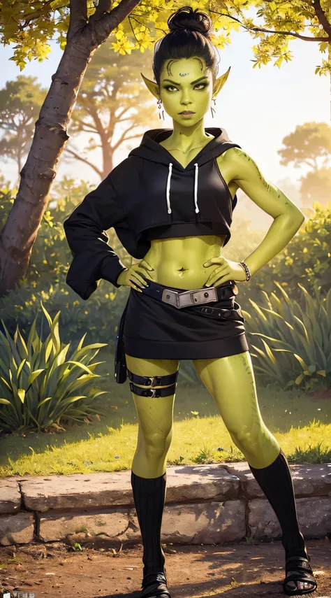 1girl, sexy githyanki, (green skin:1.5), black short hair bun, orange eyes, pointy ears, navel, midriff, (black crop hoodie:1.2)...