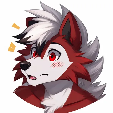 anthropomorphic, male, midnight Lycanroc, red eyes, detailed eyes, fluffy, blushed, surprised, headshot, sticker, white background