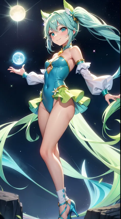 Super Idol　a beauty girl　A charming smile　sky blue hair　length hair　Twin-tailed　Bright yellow, green and white bright sexy leotard costume　Fantasia　constellation　a moon　Crystal Brilliance　Aurora Borealis in the Night Sky