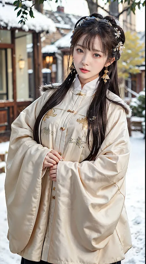 1 girl, bare_tree, brown_eyes, brown_hair, building, coat, cross_earrings, earrings, fur, fur trimmed_coat, fur_collar, fur_scarf, fur_trim, jewelry, lips, shorthair, looking_at_viewer, outdoors, snow, snow, solo, tree, upper_body, Winter, winter_clothes, ...