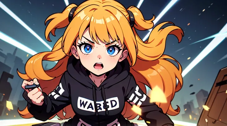 Vtuber sorprendido, hoodie negro, cabello negro con brillo morado, ojos con brillo de estrella, manos abiertas, fondo verde, efectos de manga, onomatopellas manga de explosion, war squad, risa, bullets, sparks, electric lights