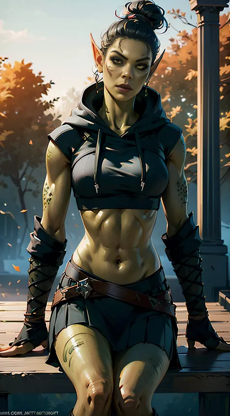 1girl, sexy githyanki, (green skin:1.5), black short hair bun, orange eyes, pointy ears, navel, midriff, (black crop hoodie:1.2)...