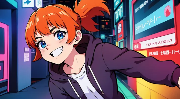 manga,anime, adolescente, hoddie, cyberpunk background, city, raylights, rumble lines, smile faces