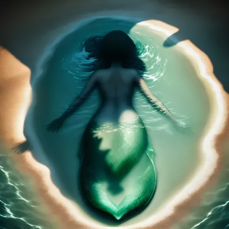 Shadow of a scary mermaid is deep murky water