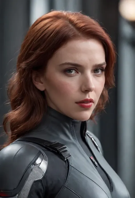 Close-up of a woman with red hair in a white leather coat，Scarlett Johansson plays Black Widow in the Marvel Universe, in an urban setting, Super detailed, White Black Widow costume，Ultra-detailed Black Widow white costume, High-quality facial research, fu...