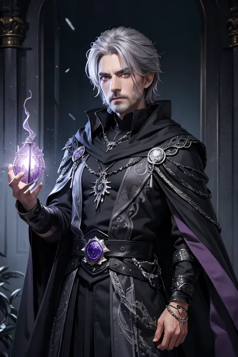 Male dark wizard,grey hair,dark violet eye,bracelet jewel violet,black shoulder cloak,dark grey costume black line