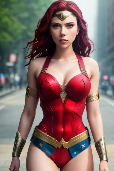 Scarlett Johansson, (bandage:1.3), beautiful body, beautiful breasts, shorts, cosplay Wonder Woman, shot on dslr, detailed face, cinematography, maximum details, neutral colors, hdr, muted colors, soft cinematic light, insane details, intricate details, hy...