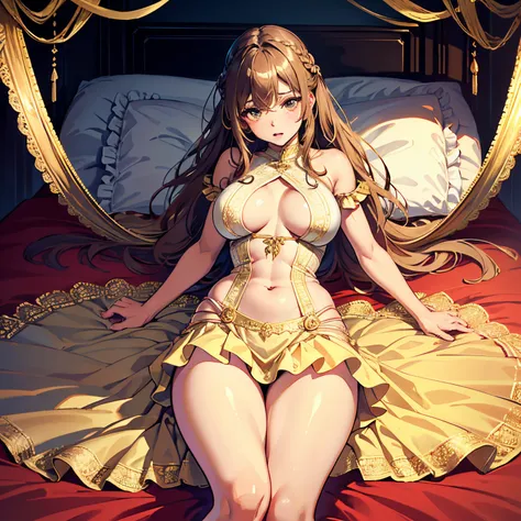 from above, super high quality, (8k, RAW photo, realistic), light brown flowing layered braided bangs medium hair, beautiful cute woman, lying on the bed, open wide legs, shining gold big eyes, annoying sexy expressions, grabbing_own_breast, medium breasts...