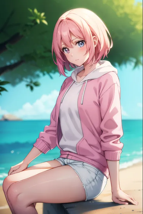 Cute girl, with sexy reddish-white skin,She is wearing a pink pullover, She wears short white, On an island, Womens white shorts