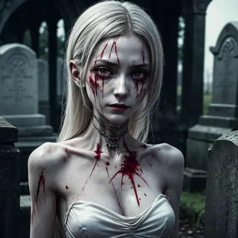 corpse, sinister, female, thin, pale, looking at the camera, ultra realistic, fully detailed, cemetery environment, bright eyes, white dress torn and stained with blood, bones exposed, putrid wounds, sensual, terrifying, bruised by the body, exposed fractu...