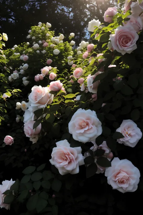 there are many pink and white roses growing on a bush, roses in cinematic light, rose garden, huge blossoms, beautiful flowers growing, rose-brambles, roses, beautiful aesthetic, beautiful large flowers, incredibly beautiful, light pink tonalities, with so...