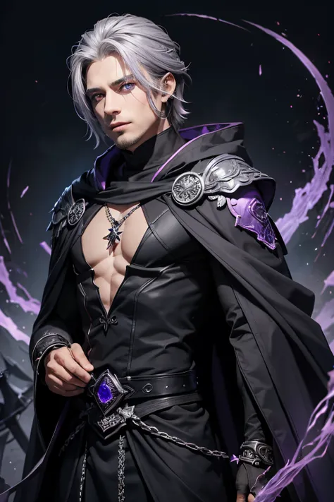 Male dark wizard,grey hair,violet eye,bracelet jewel violet,black shoulder cloak,dark grey costume black line