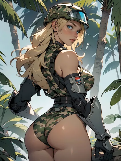 1woman 20 years old, max resolution, sculpted, military, wearing a soldier helmet, beautiful, perfect body, blonde hair, blue eyes, perfect body, thin waist, , large breasts, slim thighs, jungle background, armored vehicle, military robot, camouflaged unif...