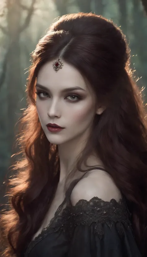 a close up of a woman with long hair and a dress, concept art inspired by Tom Bagshaw, pixiv, gothic art, gothic maiden, gothic maiden anime girl, beautiful vampire queen, dark fantasy style art, gothic fantasy art, beautiful vampire female queen, dark fan...