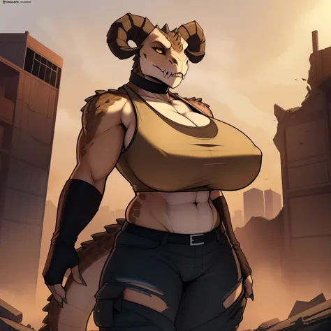 Tall_mature_deathclaw slight_belly large_breasts female dark_beige_scaled_body spotted_scales yellow_eyes solo Masterpiece best_quality absurdres highly_detailed cleanly_drawn_eyes anthro_only by_claweddrip, by_greasymojo, by_underscore-b, by_runawaystride...