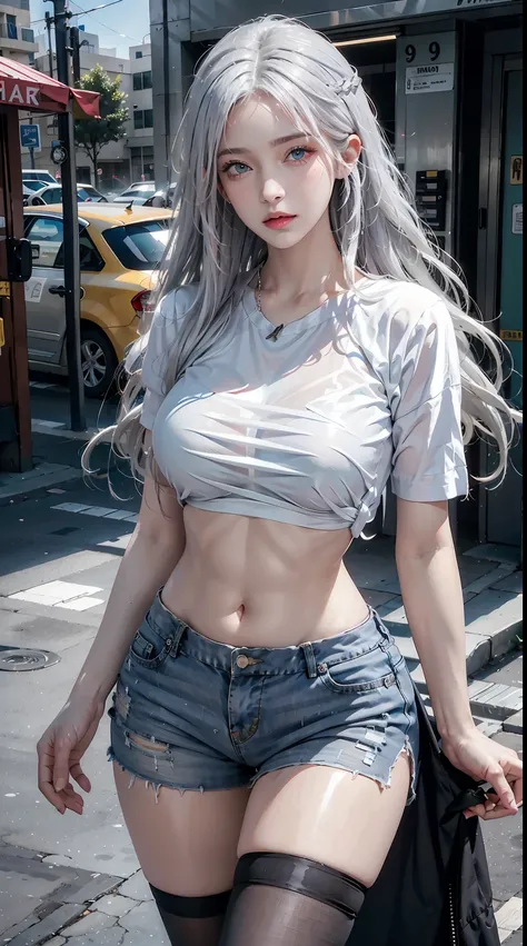 photorealistic, high resolution, 1women, shining skin, solo, jewelry, pink lips, long white hair, blue eyes, closed mouth, hips up, Grey Short Sleeves, Open Abdomen, Black Super Short, street wear