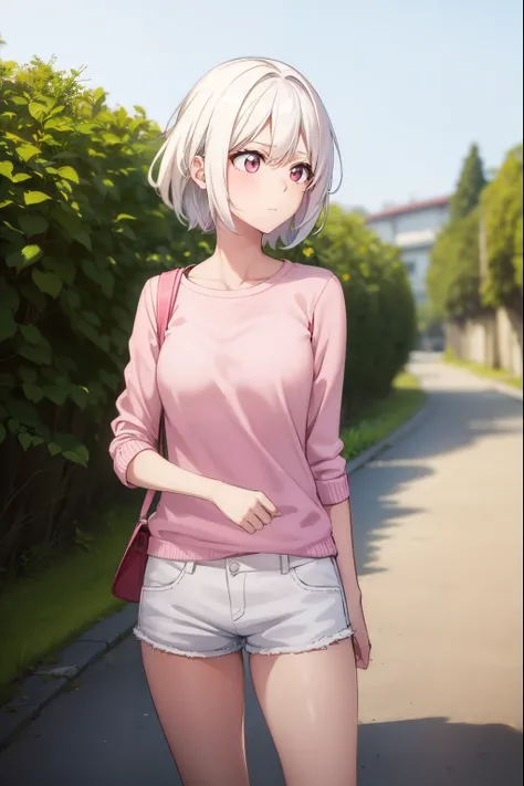 Cute girl, with sexy reddish-white skin,She is wearing a pink pullover, She wears short white, On an island, Womens white shorts, sexy body