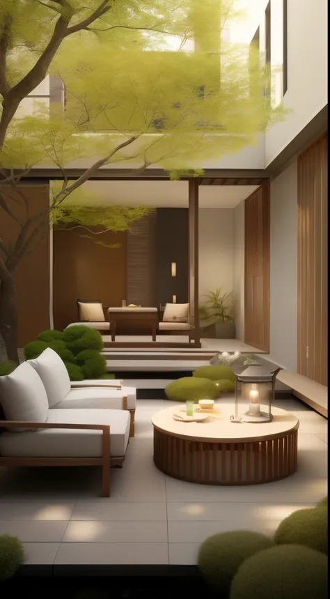 Close-up of courtyard with tables and chairs, modern japanese living room, Beautiful aesthetic design, beautifully detailed render, relaxing environment, luxurious environment, outdoor design, Quiet and peaceful atmosphere, Strive for perfection, precise a...