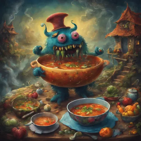 colorful soup monster, Artistically rendered, styles:by Alexander Jansson, amazingly beautiful work, Landscape characters and elements are completely within the image frame, Detailed realization, Definition High Quality, expressive faces, Sharp eyes,(Cooki...