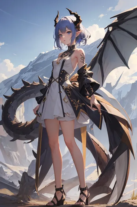 masterpiece, best quality, absurdres, perfect anatomy, standing, 1girl, solo, arm tattoo, bare shoulders, sleeveless, dress, dragon girl, dragon horns, jewelry, tail