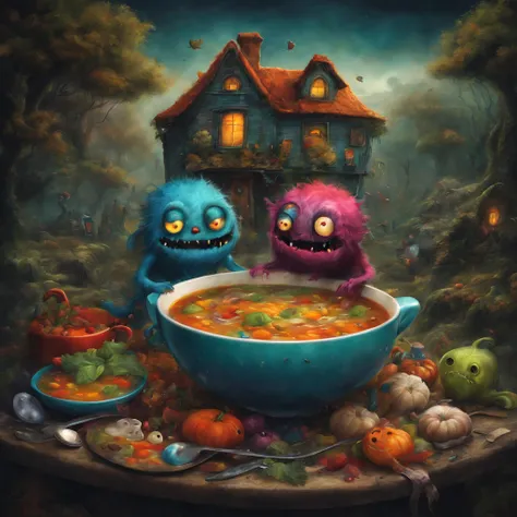 colorful soup monster, Artistically rendered, styles:by Alexander Jansson, amazingly beautiful work, Landscape characters and elements fit completely within the image frame, Detailed realization, Definition High Quality, expressive faces, Sharp eyes,(Backg...