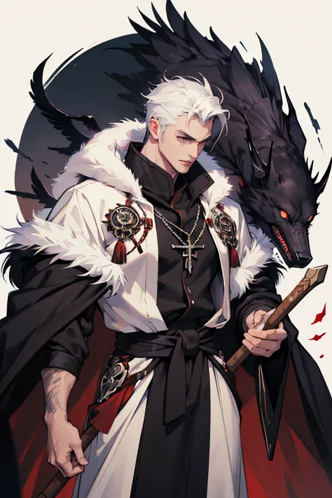 Man, handsome, asian, young, hold big axe, druid ,perfect face, abs ,white red long open chest fur dress, wolf, crows,  dark wood background, diablo 4, fur cloak