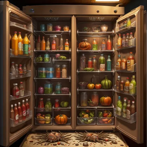 photo in raw format from artgerm, (building a refrigerator in the kitchen, made in hell to scare people, creepy refrigerator, sc...