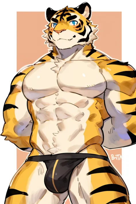 Furry, Anthro, Tiger , Male, E621, Standing, Muscular, Hands behind back, Wearing underwear, Plain background, Front view, Light fur, by buta99