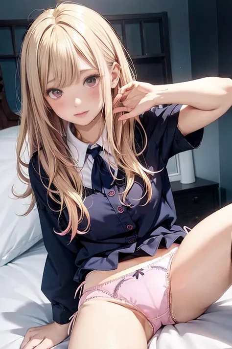 photo-realism、top-quality、超高分辨率、NSFW、Japanese high school girl、18yr old、Girl in uniform sitting on bed、low  angle shot:1.5、M-shaped legs:1.4、She spread her legs:1.5、sitted，knee bend，legs separated、((show panties:1.5))、Look at the camera sexily、((Blonde hai...