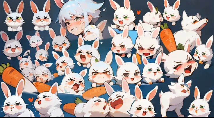 the various expressions of white furry rabbit with carrot,mutiple poses and expressions, happy, angry, sad, cry, cute, expression love,etc, emoji pack,f/64 group,related character, bold outlines --ar 4:3 --niji 5 --style cute --s 400 --v 5