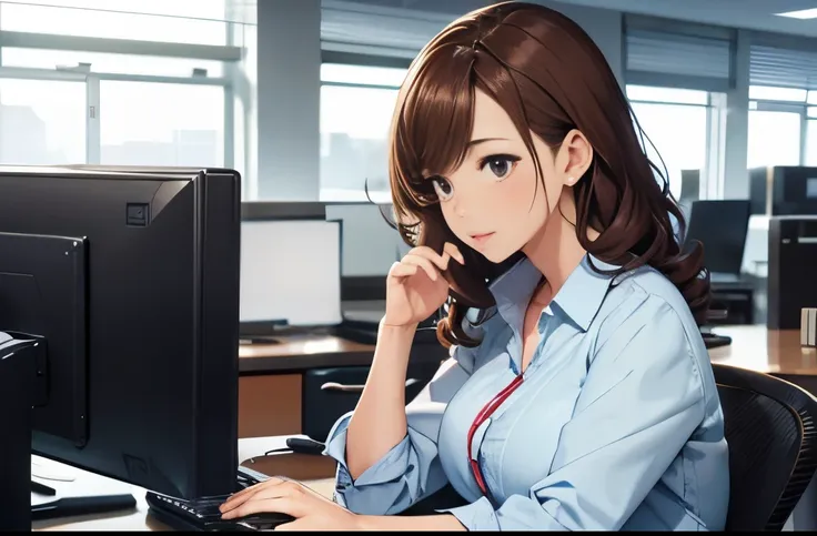 Office lady working on a computer at her office desk、Serious、1girl in, brown curly hair