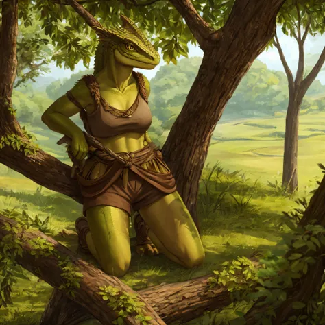 In Medieval Times a lizard furry with green scales and yellow eyes is wearing a primal brown fur top and a primal brown fur shorts. She is kneeling on a tree branch holding a primitive spear. She has a focused look on her face. She is by herself