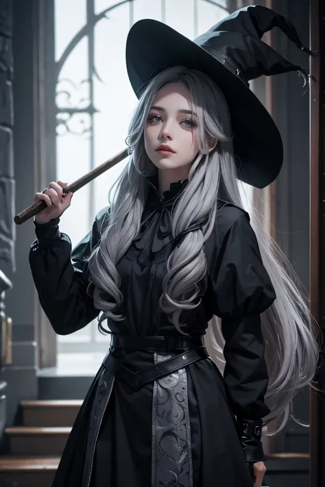 The witch(not cap),grey hair,long hair,black eye,black and grey costume