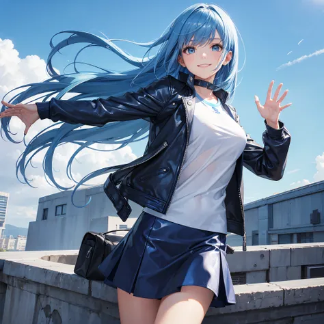 master piece,best quality, Solo woman, cute, dynamic pose, blue leather jacket, white tight T-shirt, blue tight skirt, shy smile, blue hair, long hair, Low-angle, blue sky, waving in a strong wind hair, blue based background