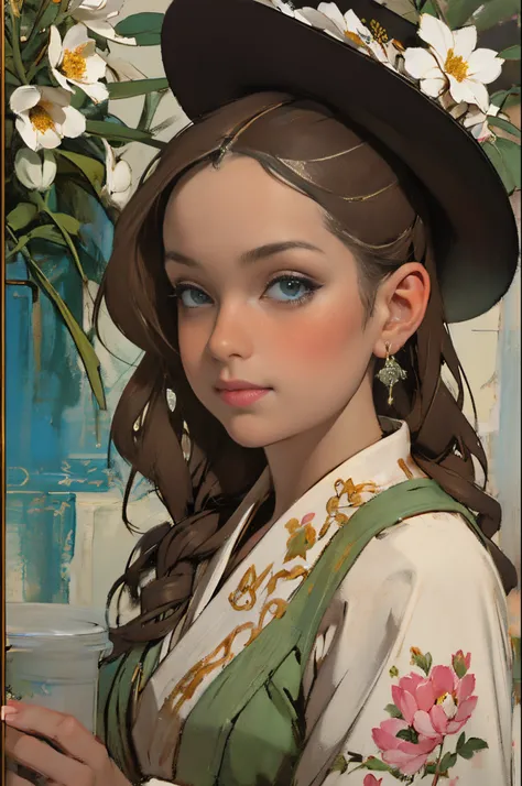 paint a decorative painting，Fashion girl with hat，Girl drinking coffee，modern girl，Bright and harmonious colors，（Decorative painting：1.6），dressed in：Exquisite noble robe，Elaborate Eyes，delicated face，Delicate earrings，simple backgound，flowers blooming，A se...