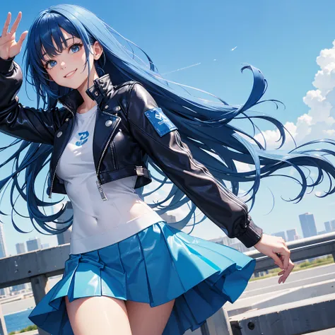 master piece,best quality, Solo woman, cute, dynamic pose, blue leather jacket, white tight T-shirt, blue tight skirt, shy smile, blue hair, long hair, Low-angle, blue sky, waving in a strong wind hair, blue based background