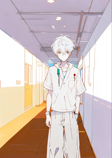 A thin white-haired boy in the school corridor，Male high school students，The body is slowly decomposing and dissipating，style of anime，style of anime, style of anime, Anime style illustration,  anime illustration, style of anime, anime illustration, , in s...