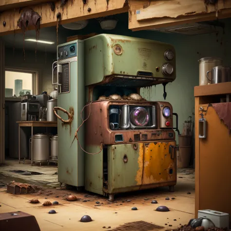 (spooky kitchen appliances), (coffee machine), scary, creepy, squalid, disgusting, causes panic