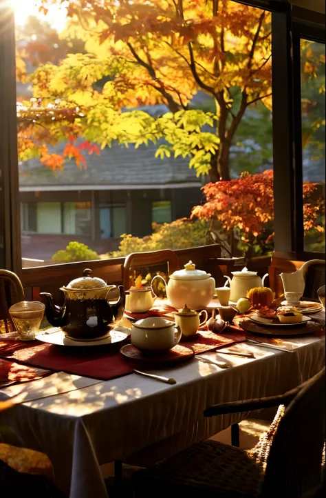 There is a table，There was a teapot and a plate of food on top, soft autumn sunlight, in the afternoon, !!The beautiful!!,  autumn period, afternoon time, autumn tranquility, afternoon sunlight, during fall, fall season, Sunny morning, afternoon light, mor...