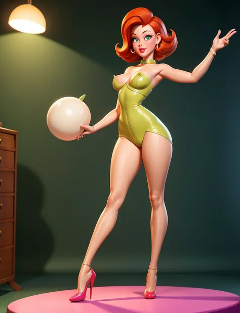 NSFW. Full body shot. Cute redhead woman in the style of 1960s Rankin Bass 3D animation, 1960s flip hair, full figure, wasp waist, nude with green high heels in Dr. Frankensteins lab. 1960s 3D.