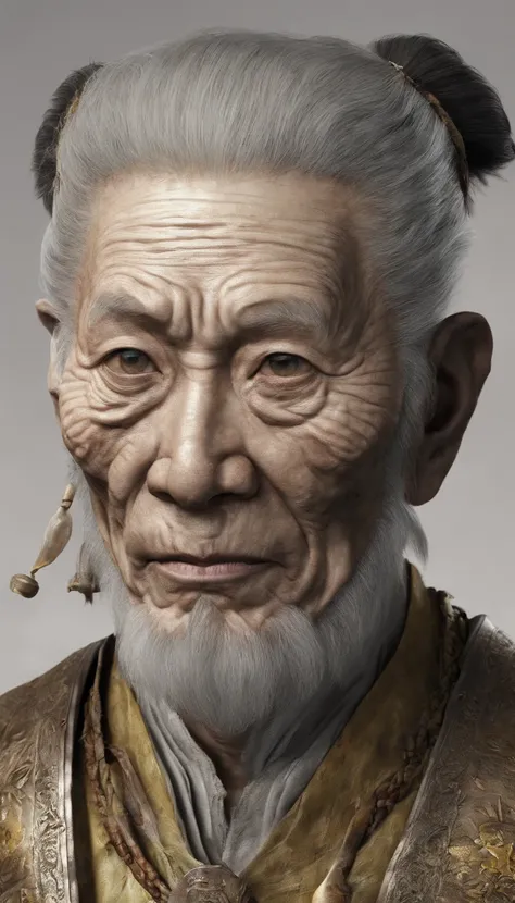 China-style。ink portrait，【God-man】front portrait，Audience visual inspection，Immortal Wind Road Bone，White-haired old man，The eyes are round，Very depressing，elegant appearance。Earthy yellow background，Paper texture。hyper HD, retinas, tmasterpiece, Acura, An...