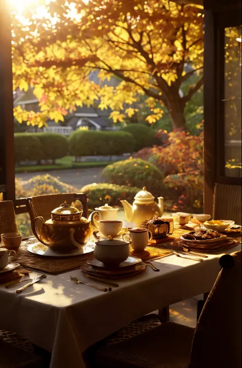 There&#39;s a table here，There was a teapot and a plate of food on top, soft autumn sunlight, in the afternoon, !!The beautiful!!,  autumn period, afternoon time, autumn tranquility, afternoon sunlight, autumn period, Golden autumn season, Sunny morning, a...