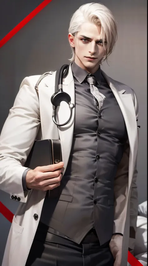 A handsome man psychopath doctor wtih 8 pack abs, evil grins, with stethoscope hanging on his neck, a crazy stalker psychopath, bloody,
