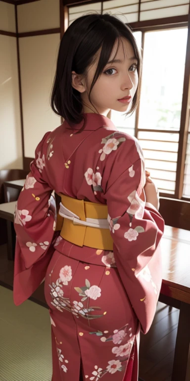 (masutepiece, Best Quality:1.4), Beautiful face, 8K, 85 mm, absurderes, ((full length body shot:1.3))、((Taken from behind looking straight ahead:1.4))、((traditional Japanese room、With futon))、(Floral pattern long-sleeved kimono:1.4), violaceaess, gardenias...